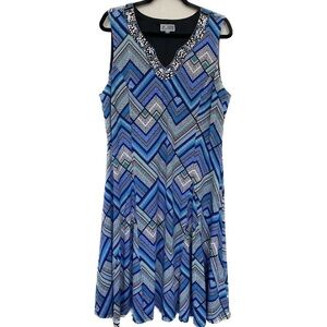 JM Collection Beaded Dress in Geometric Blue Print Size XL